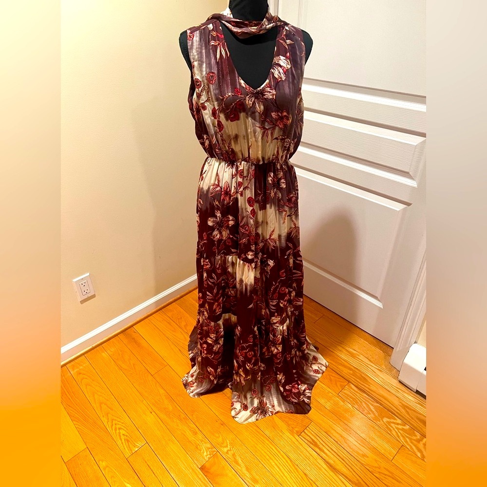 WESLEEROSE Floral Sleeveless Maxi Dress with attached scarf, shimmering material
